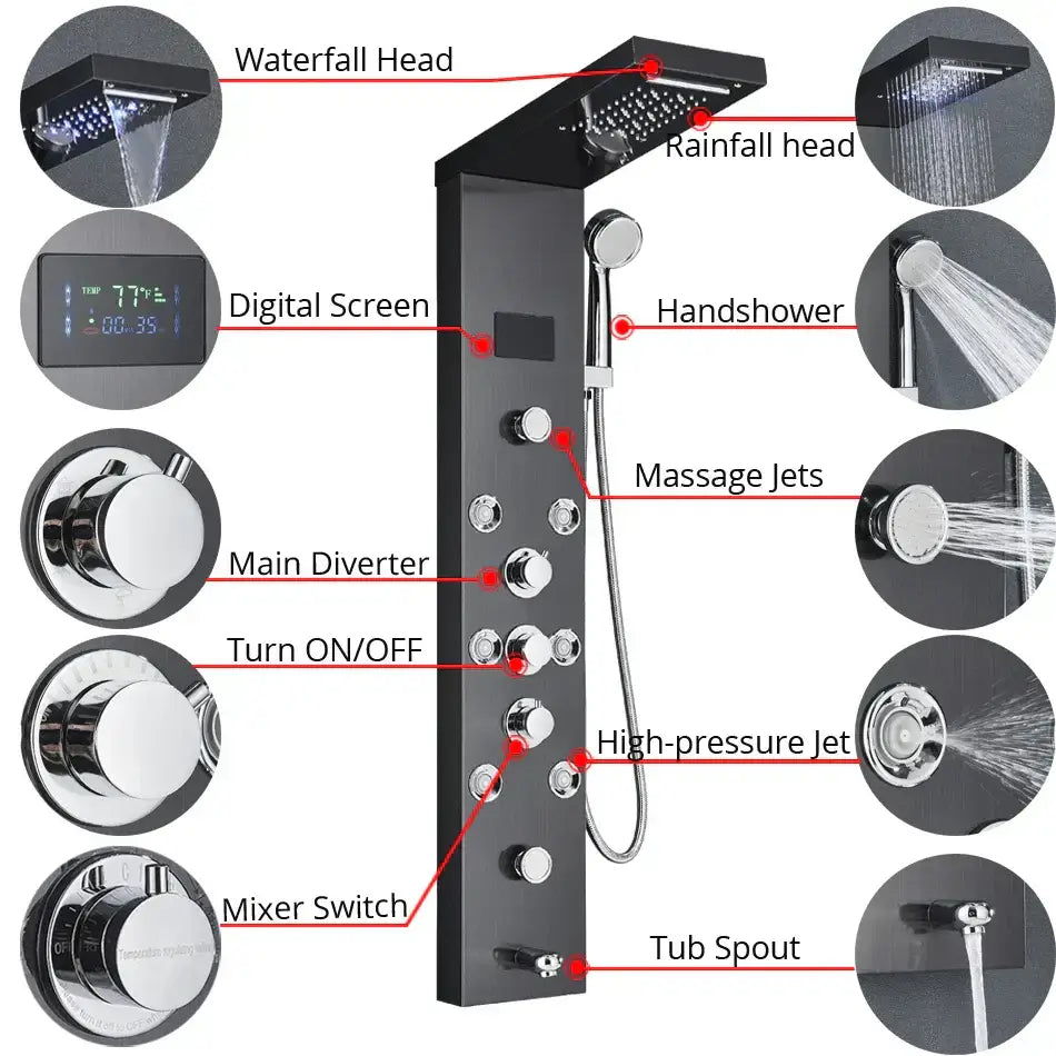 Modern black stainless steel led rainfall shower panel bathroom spa
