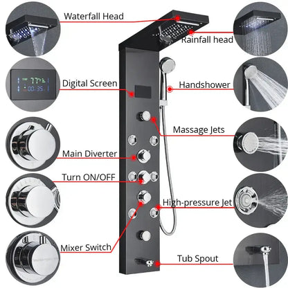 Modern black stainless steel led rainfall shower panel bathroom spa