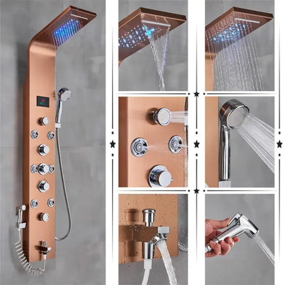 Modern black rainfall shower panel with led temperature screen bathroom