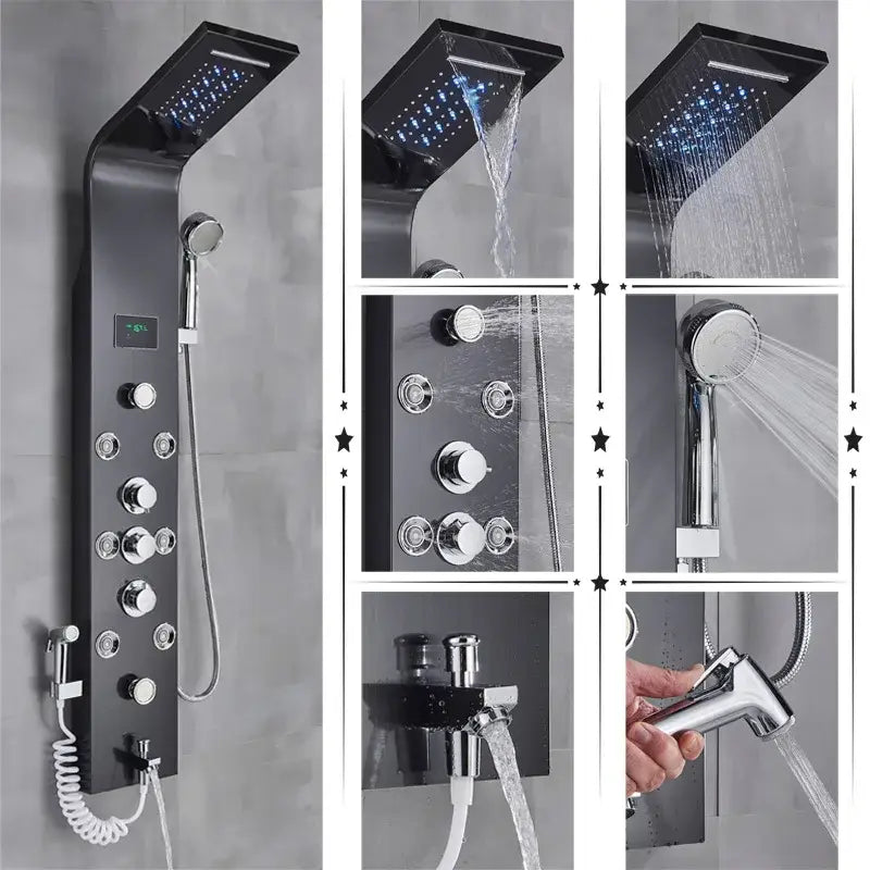 Modern black rainfall shower panel with led temperature screen bathroom