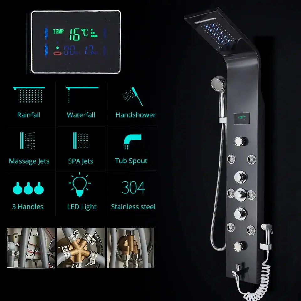 Modern black rainfall shower panel with led temperature screen bathroom