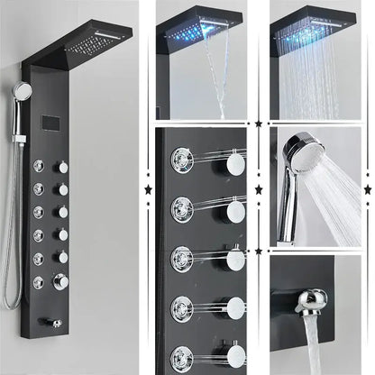 Modern black stainless steel led rainfall shower panel bathroom spa