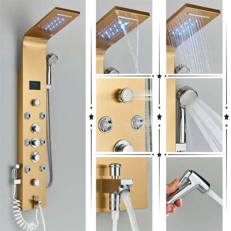 Modern black rainfall shower panel with led temperature screen bathroom