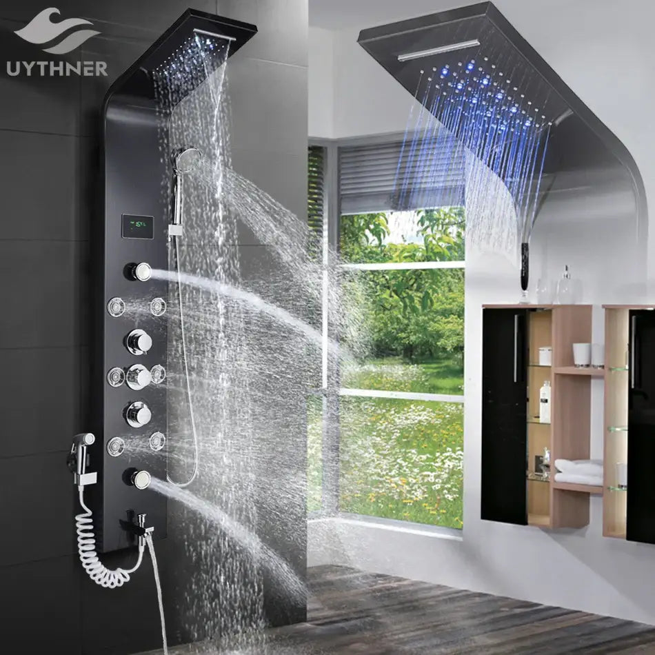 Modern black rainfall shower panel with led temperature screen bathroom