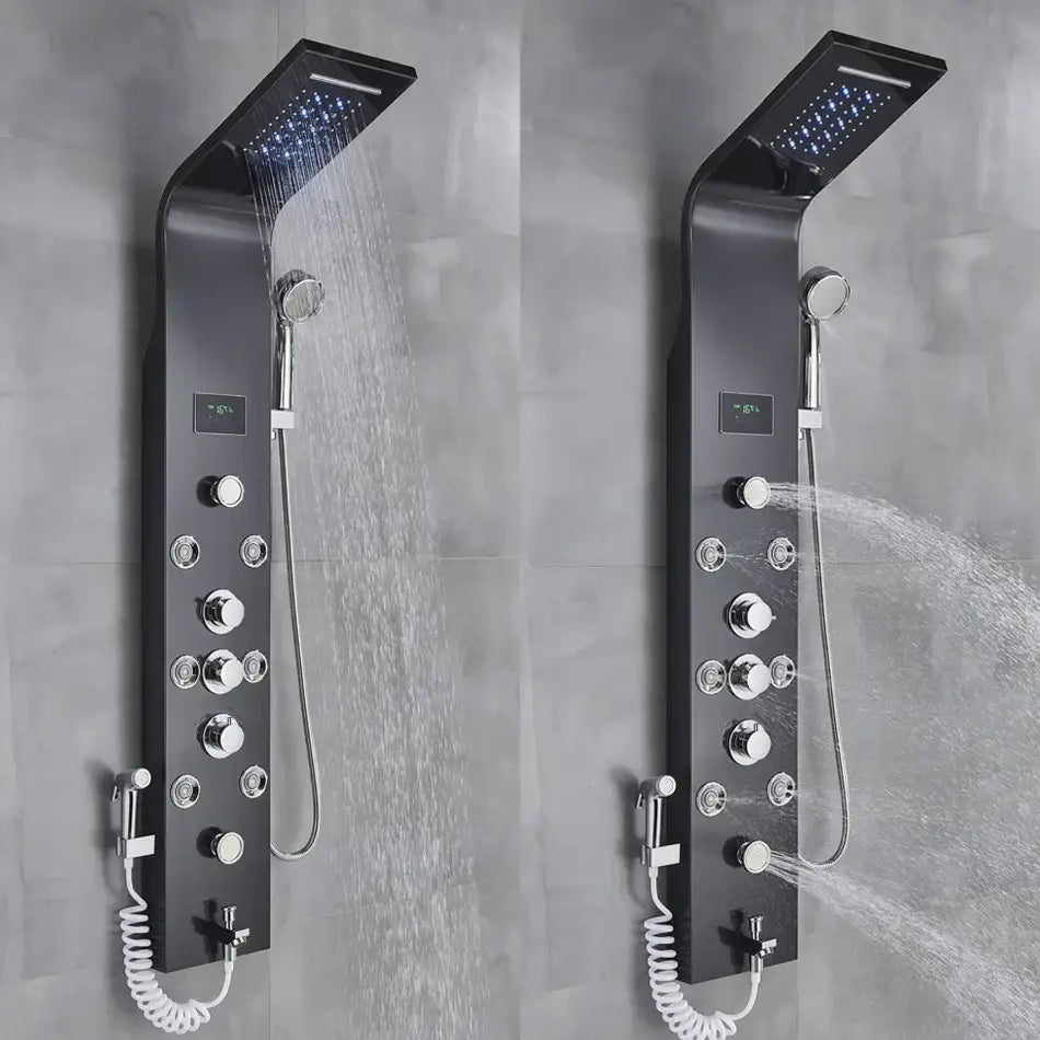 Modern black rainfall shower panel with led temperature screen bathroom