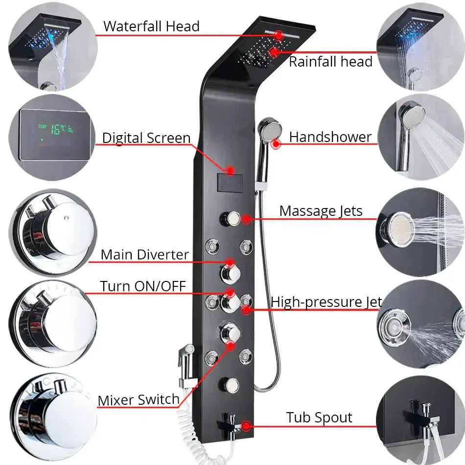 Modern black rainfall shower panel with led temperature screen bathroom