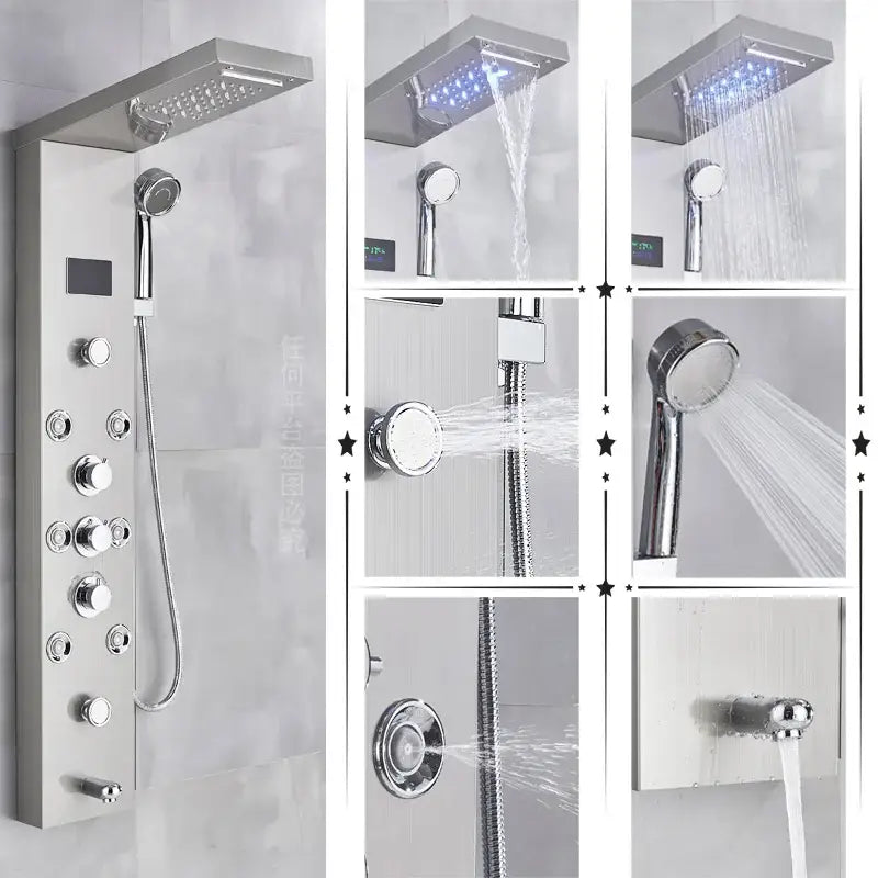 Modern black stainless steel led rainfall shower panel bathroom spa