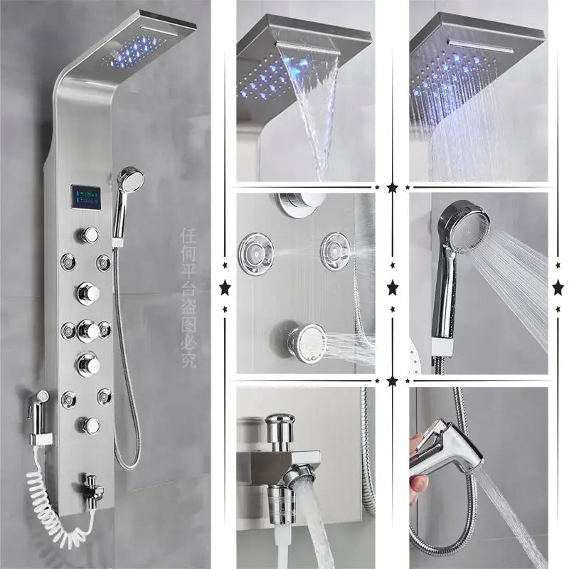 Modern black rainfall shower panel with led temperature screen bathroom