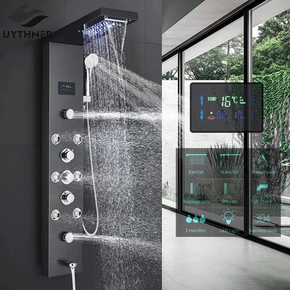 Modern black stainless steel led rainfall shower panel bathroom spa