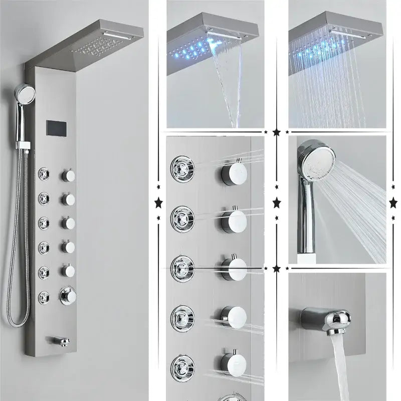 Modern black stainless steel led rainfall shower panel bathroom spa