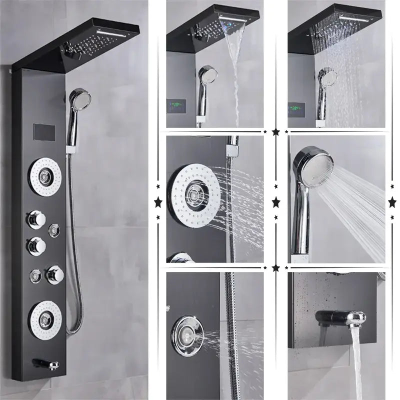 Modern black stainless steel led rainfall shower panel bathroom spa