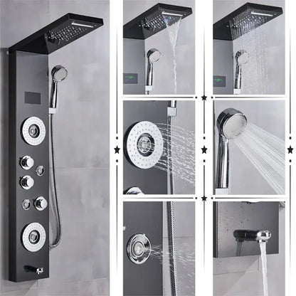 Modern black stainless steel led rainfall shower panel bathroom spa