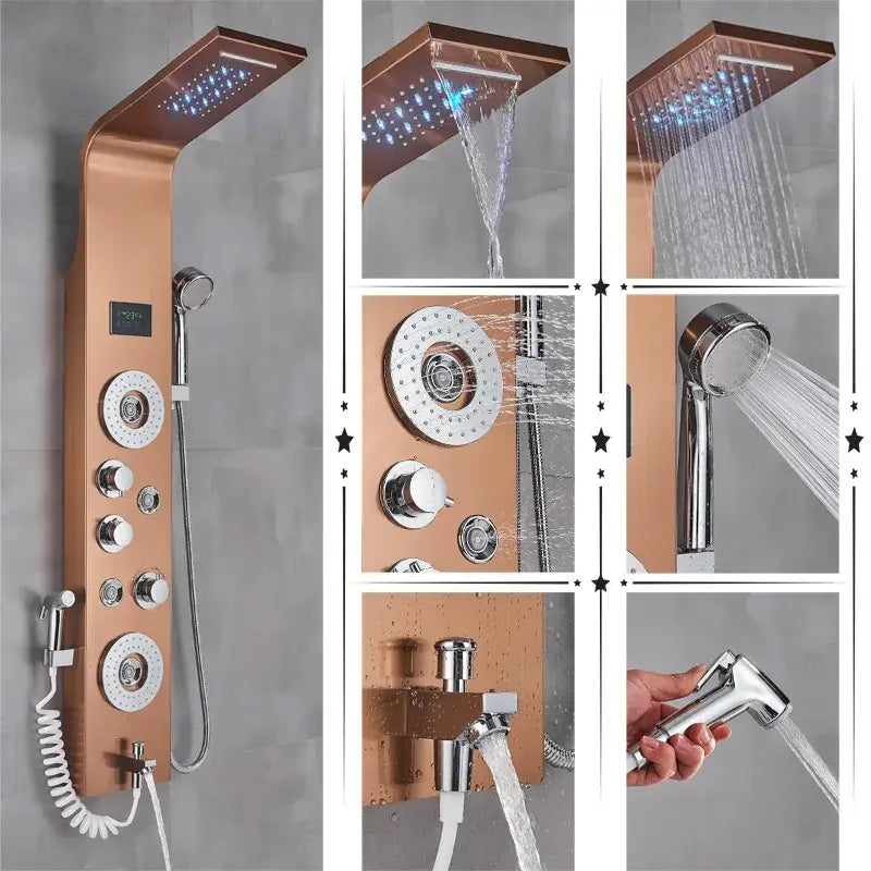 Modern black rainfall shower panel with led temperature screen bathroom