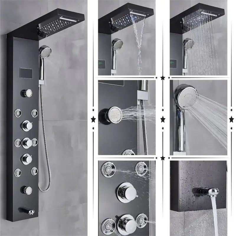 Modern black stainless steel led rainfall shower panel bathroom spa