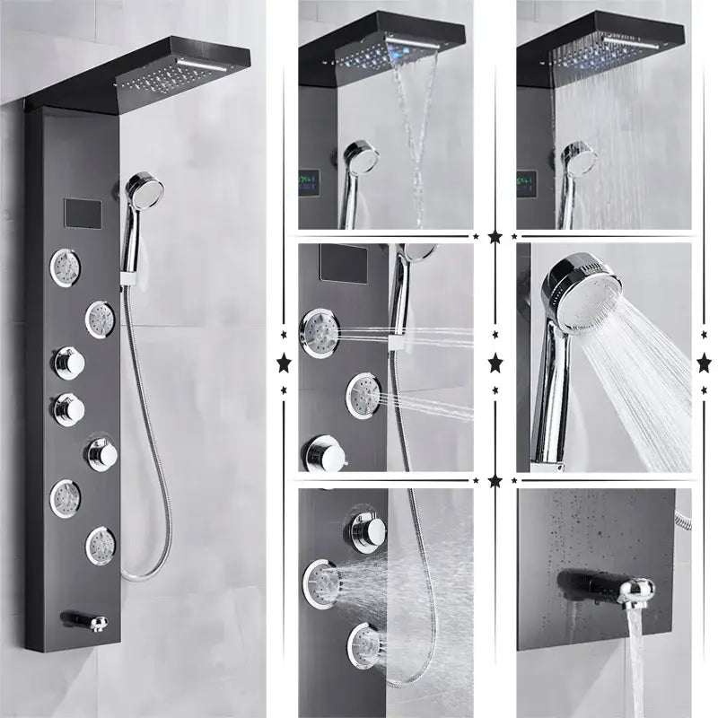 Modern black stainless steel led rainfall shower panel bathroom spa