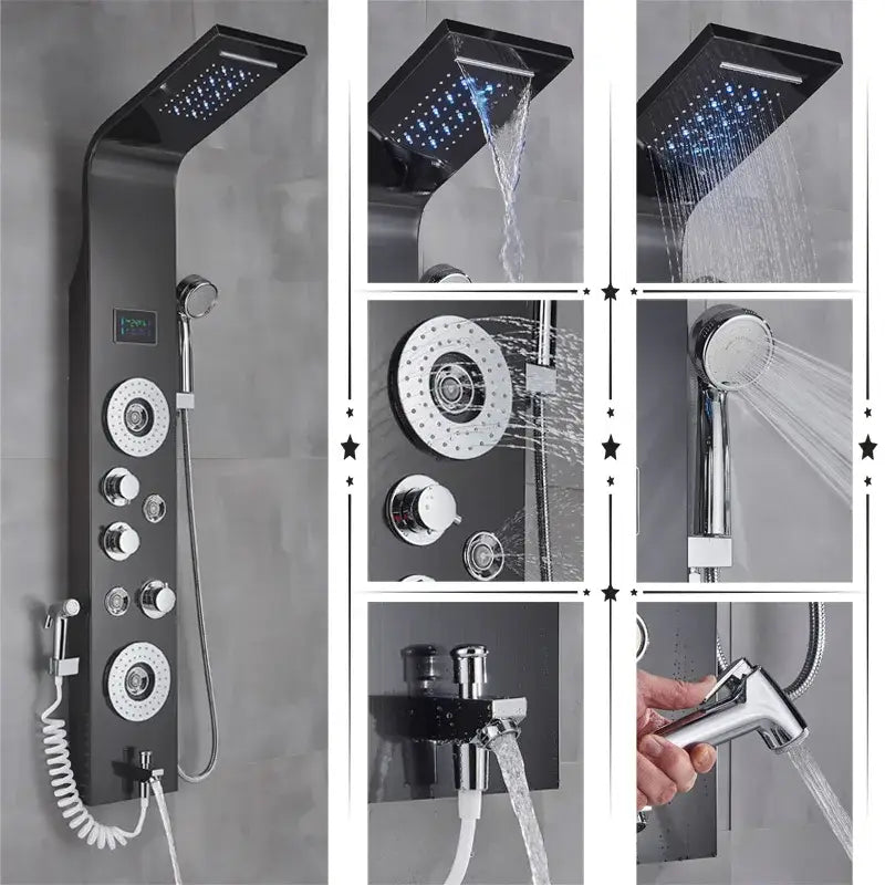 Modern black rainfall shower panel with led temperature screen bathroom
