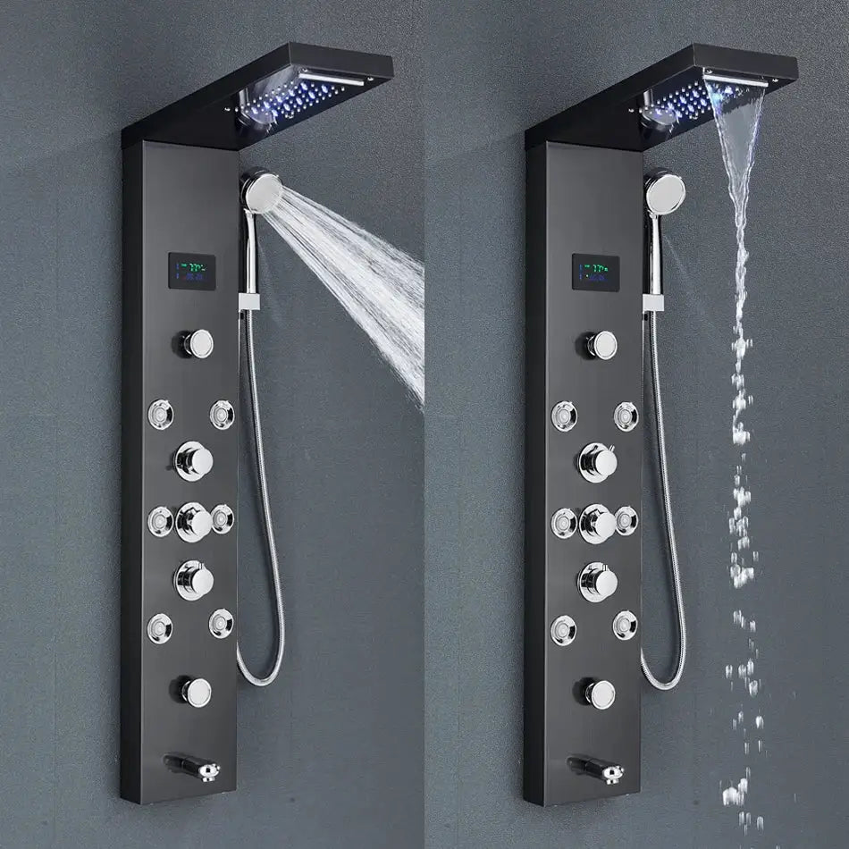 Modern black stainless steel led rainfall shower panel bathroom spa