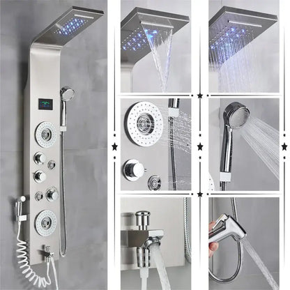 Modern black rainfall shower panel with led temperature screen bathroom