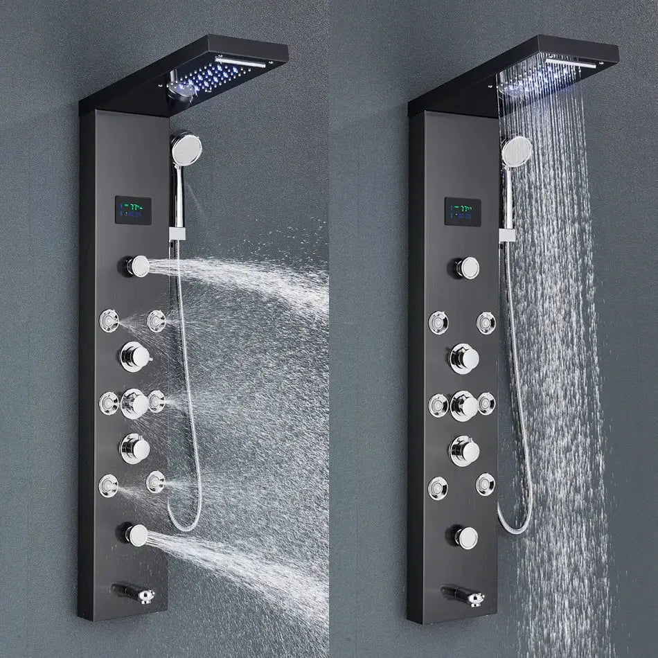 Modern black stainless steel led rainfall shower panel bathroom spa