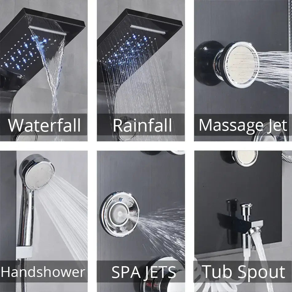 Modern black rainfall shower panel with led temperature screen bathroom