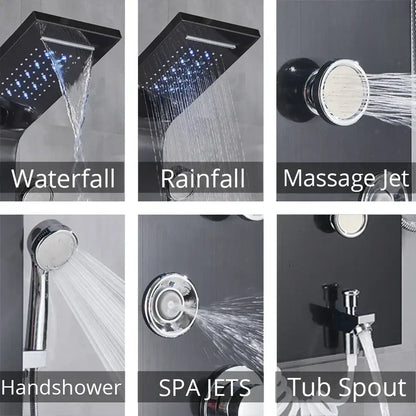 Modern black rainfall shower panel with led temperature screen bathroom