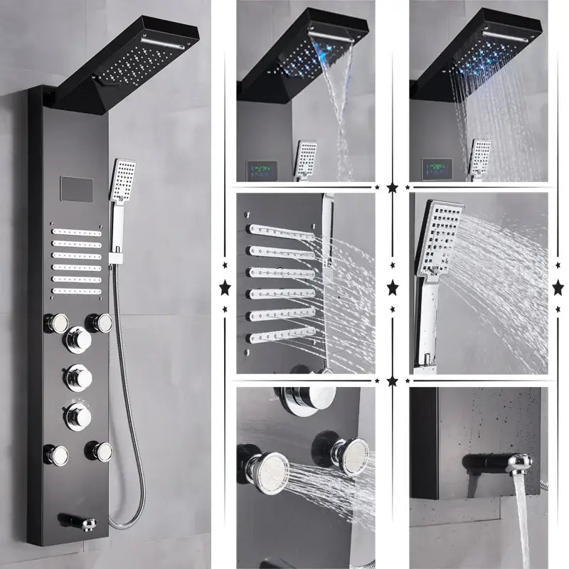Modern black stainless steel led rainfall shower panel bathroom spa
