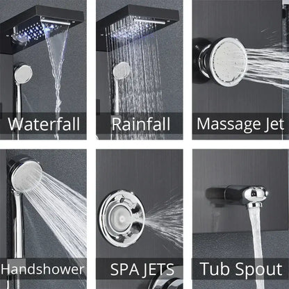 Modern black stainless steel led rainfall shower panel bathroom spa