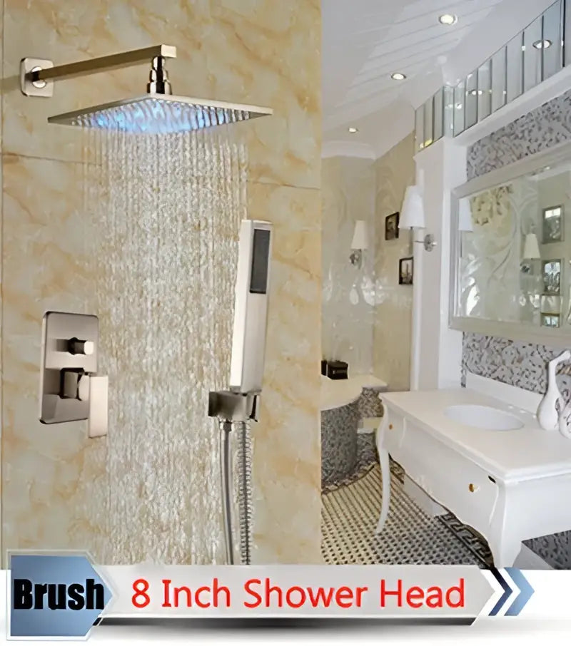 Modern brushed nickel rainfall shower set with blue led for bathroom