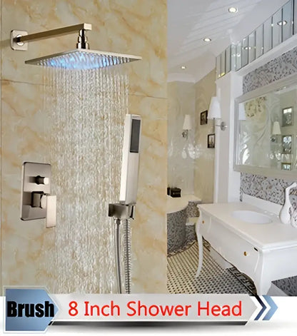 Modern brushed nickel rainfall shower set with blue led for bathroom