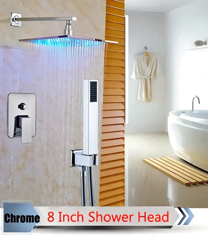 Modern brushed nickel rainfall shower set with blue led for bathroom