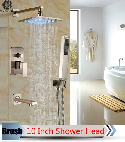 Modern brushed nickel rainfall shower set with blue led for bathroom