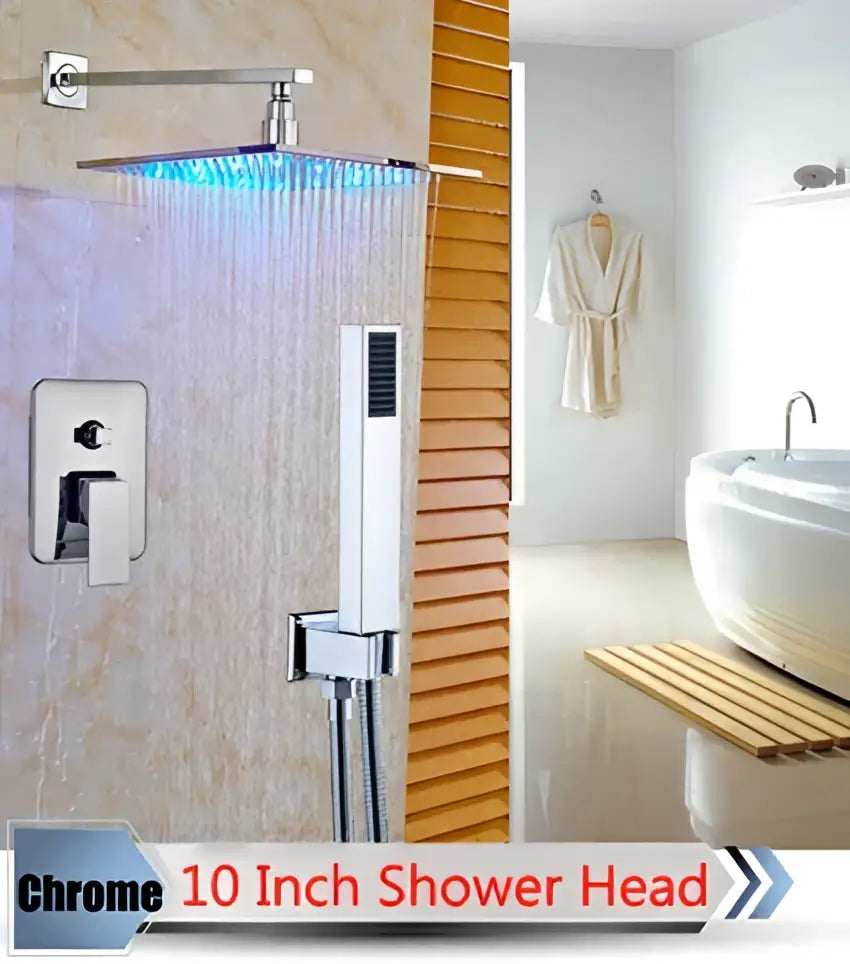 Modern brushed nickel rainfall shower set with blue led for bathroom