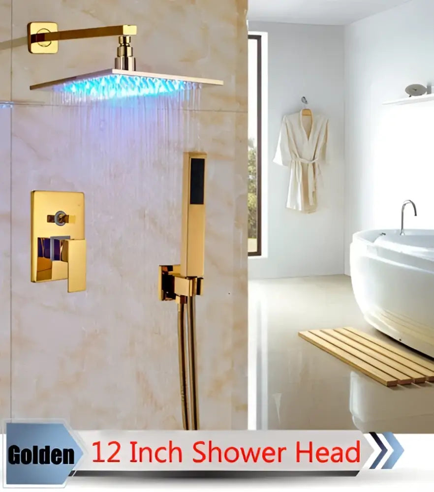Modern brushed nickel rainfall shower set with blue led for bathroom