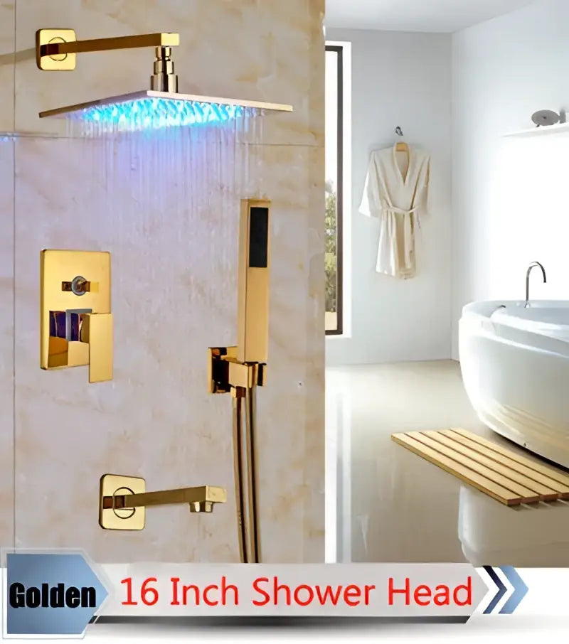 Modern brushed nickel rainfall shower set with blue led for bathroom