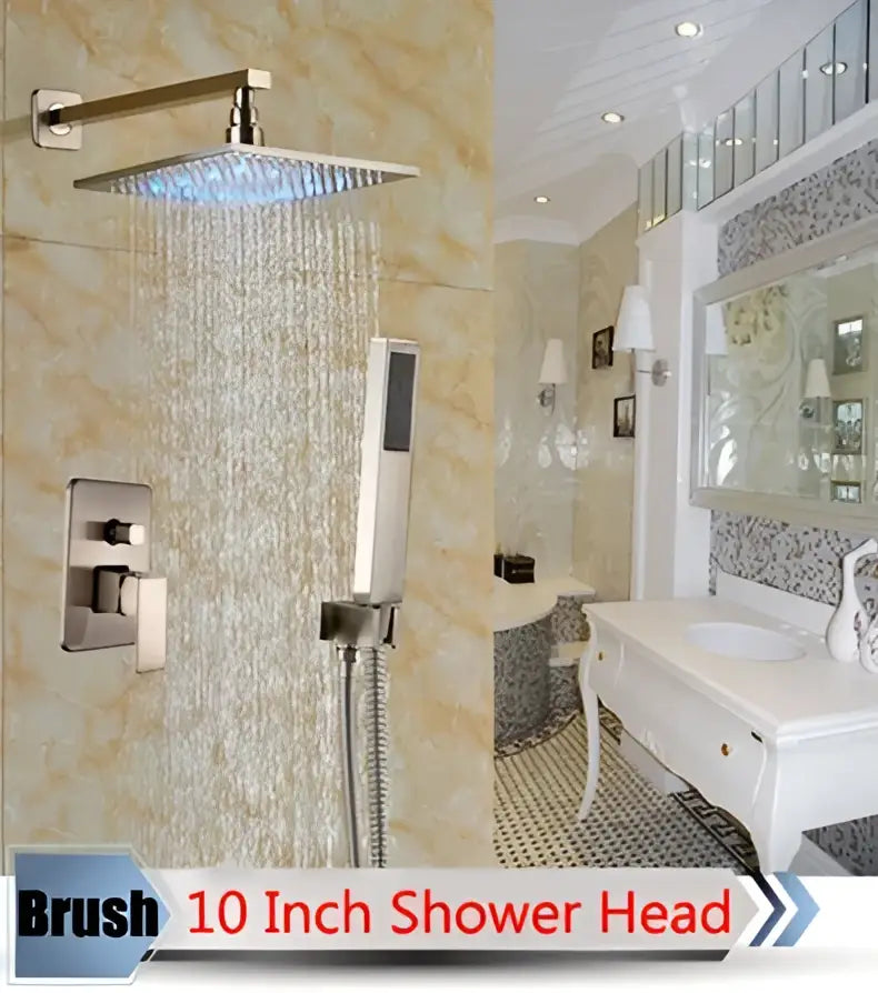 Modern brushed nickel rainfall shower set with blue led for bathroom