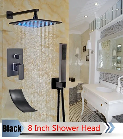 Modern brushed nickel rainfall shower set with blue led for bathroom