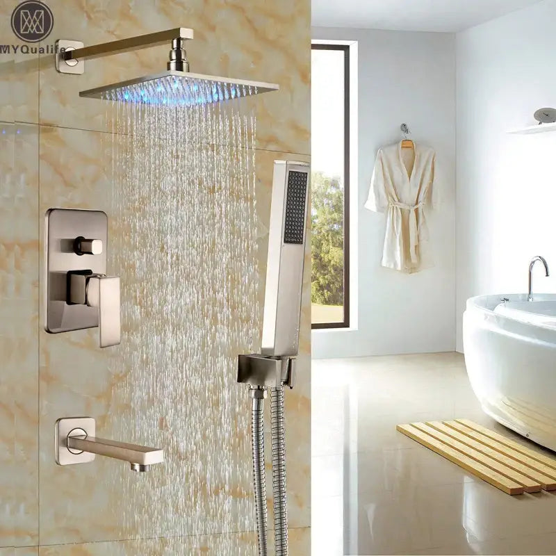 Modern brushed nickel rainfall shower set with blue led for bathroom