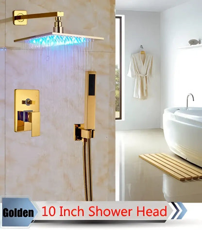 Modern brushed nickel rainfall shower set with blue led for bathroom