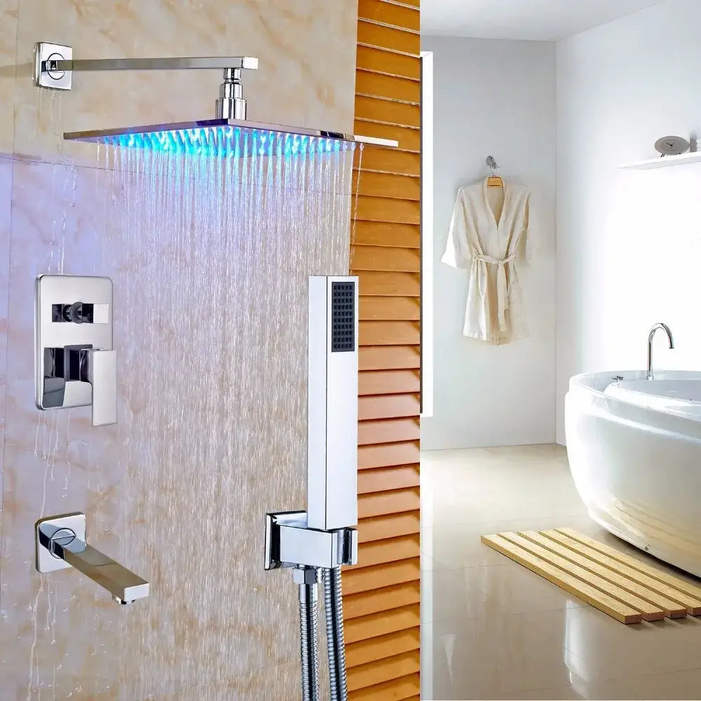Modern brushed nickel rainfall shower set with blue led for bathroom