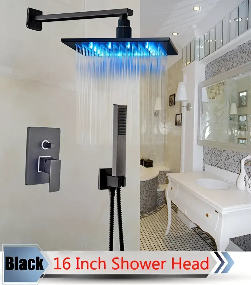 Modern brushed nickel rainfall shower set with blue led for bathroom