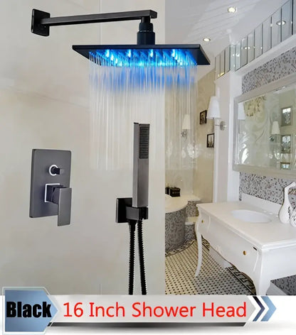 Modern brushed nickel rainfall shower set with blue led for bathroom