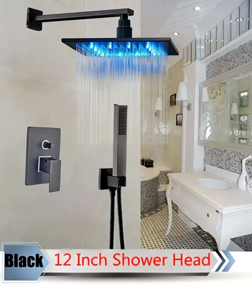 Modern brushed nickel rainfall shower set with blue led for bathroom