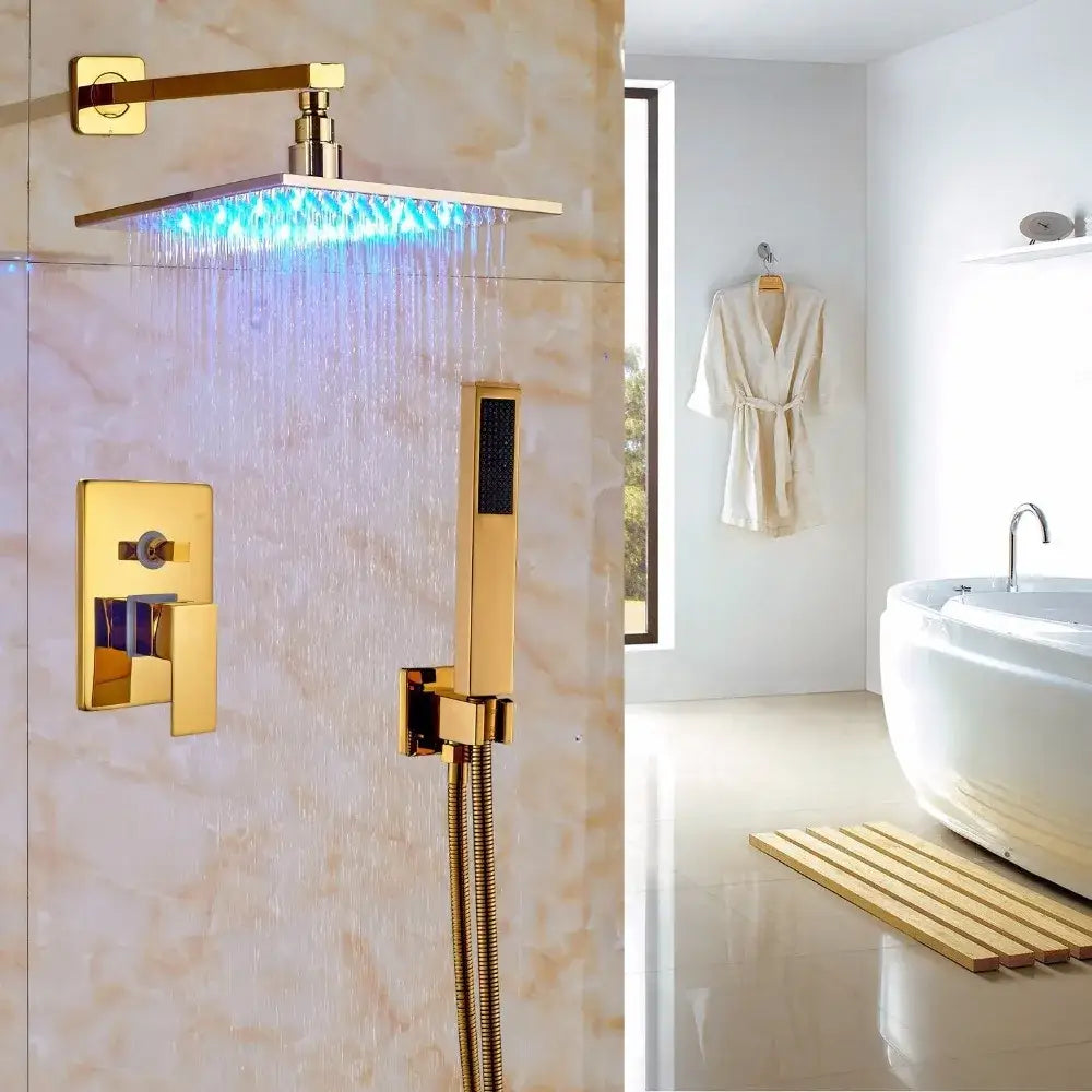 Modern brushed nickel rainfall shower set with blue led for bathroom