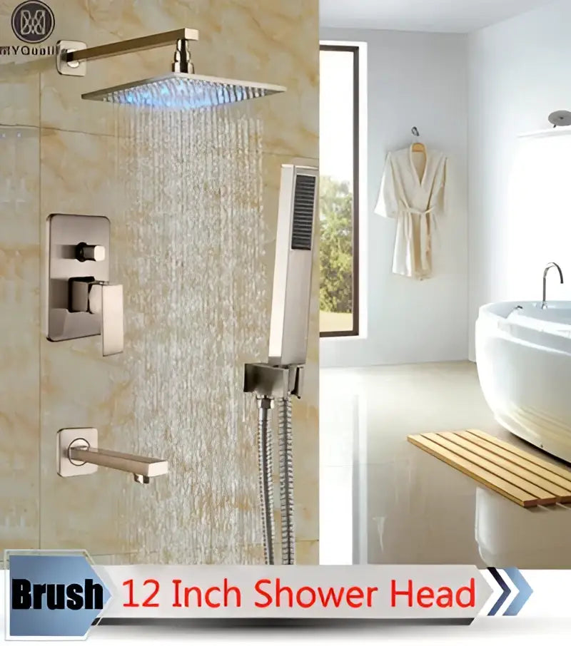 Modern brushed nickel rainfall shower set with blue led for bathroom