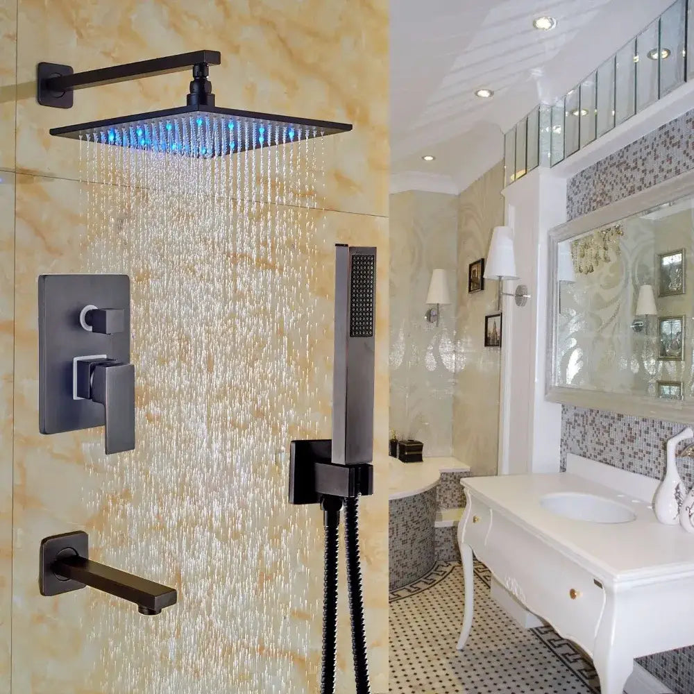 Modern brushed nickel rainfall shower set with blue led for bathroom