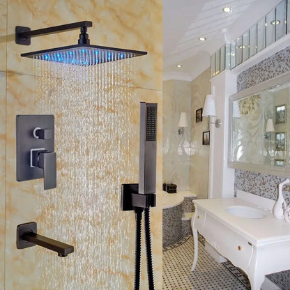 Modern brushed nickel rainfall shower set with blue led for bathroom