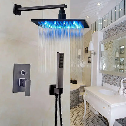 Modern brushed nickel rainfall shower set with blue led for bathroom