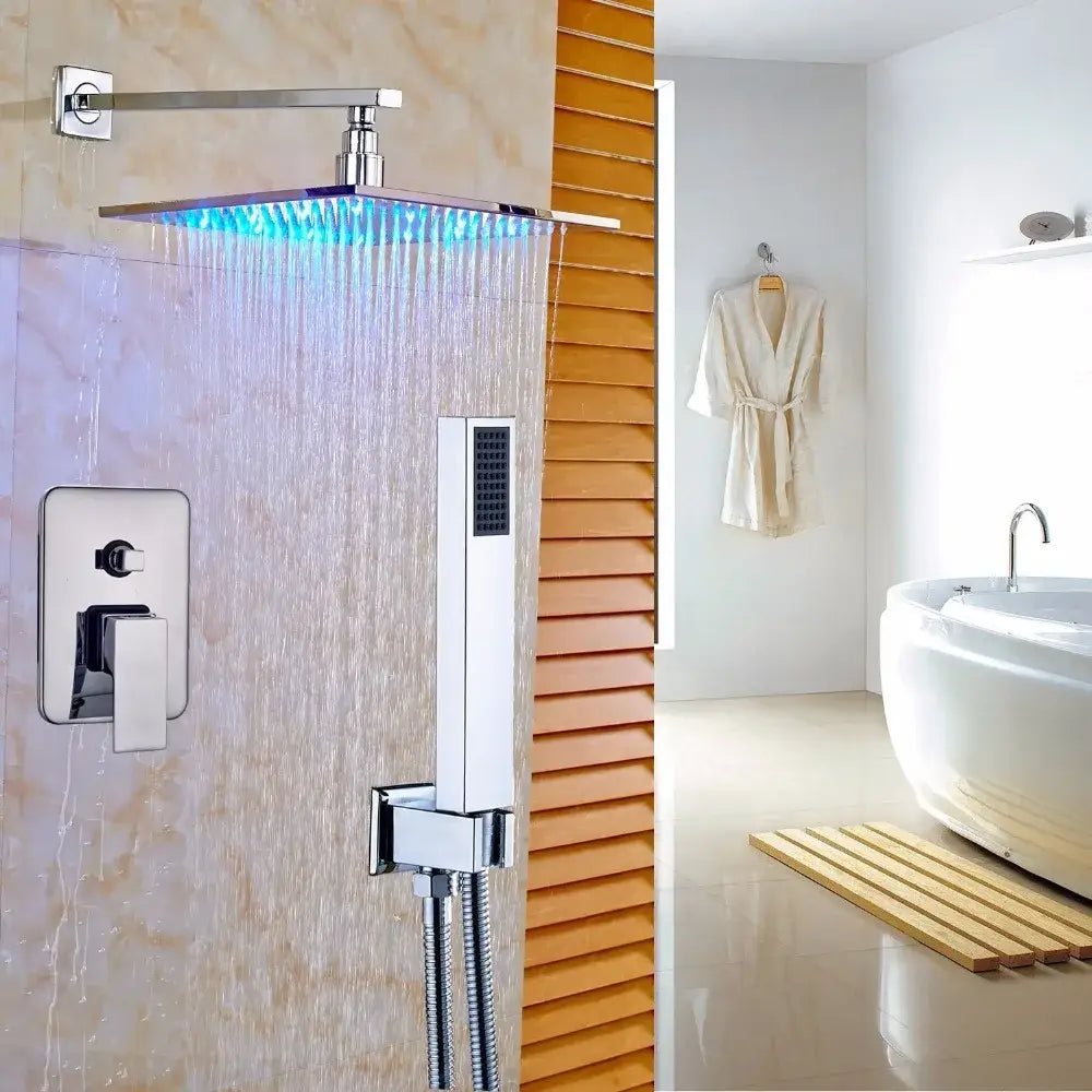 Modern brushed nickel rainfall shower set with blue led for bathroom