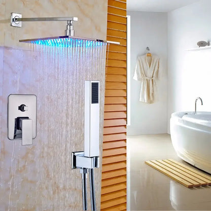 Modern brushed nickel rainfall shower set with blue led for bathroom