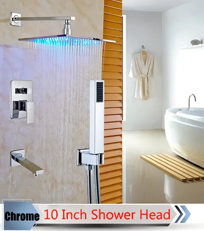 Modern brushed nickel rainfall shower set with blue led for bathroom